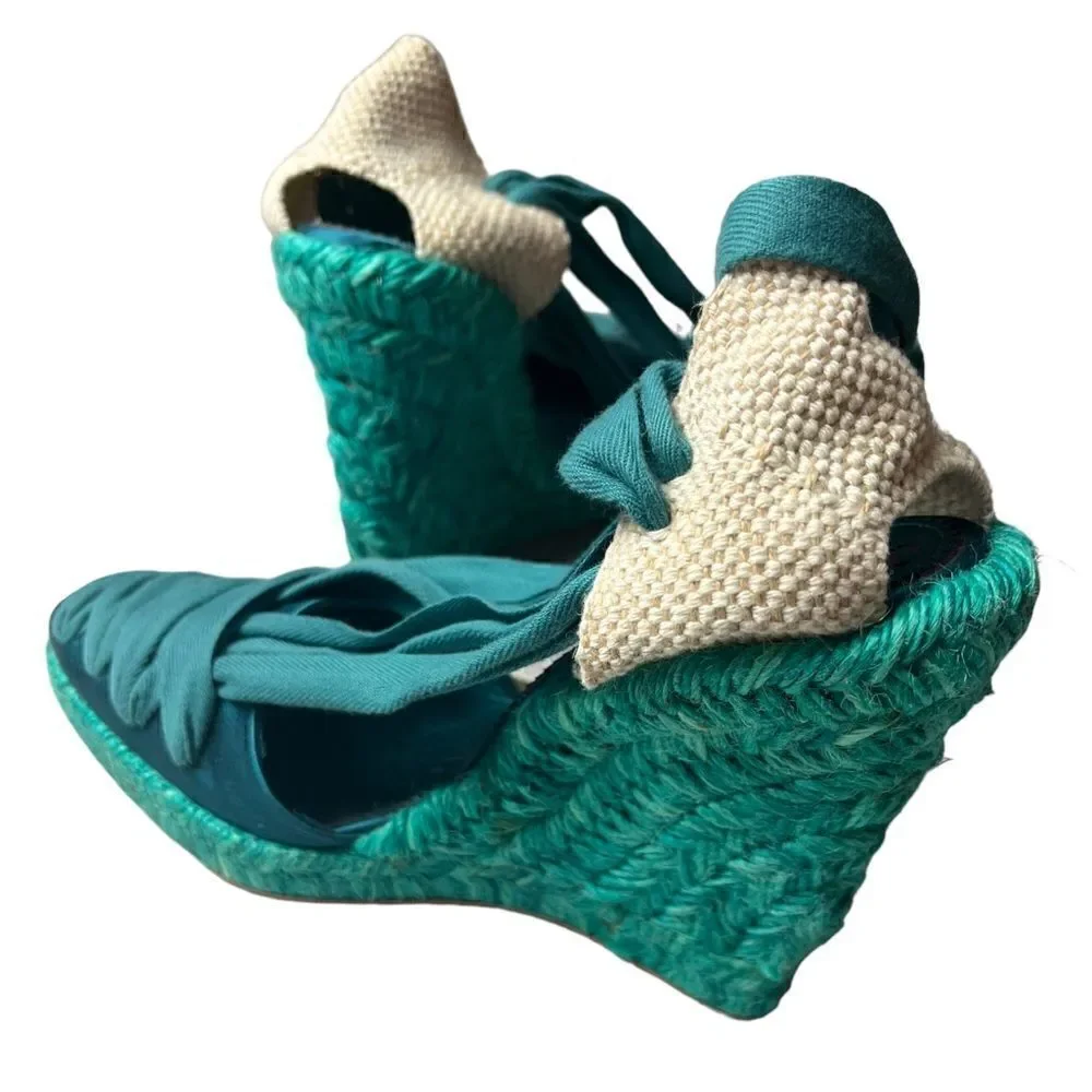 NWOT Emanuel Ungaro FAB Wedge Espadrilles in Teal Silk w/Sexy Lace-Up Design 8